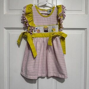 2T Smocked Lemonade Dress Summer Pink Bow PomPom Girls Outfit Spring